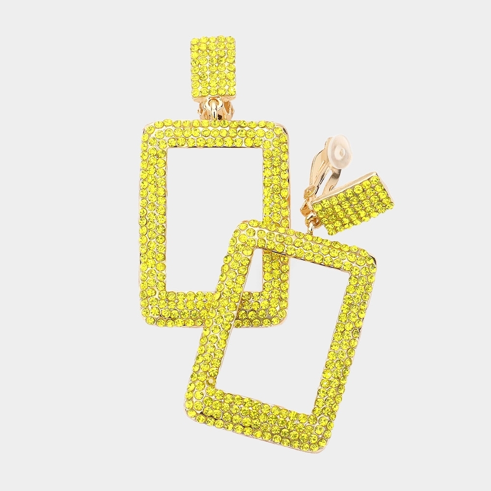 Rhinestone Crystal Yellow ClipOn Hoop Rectangle Dangle Earrings